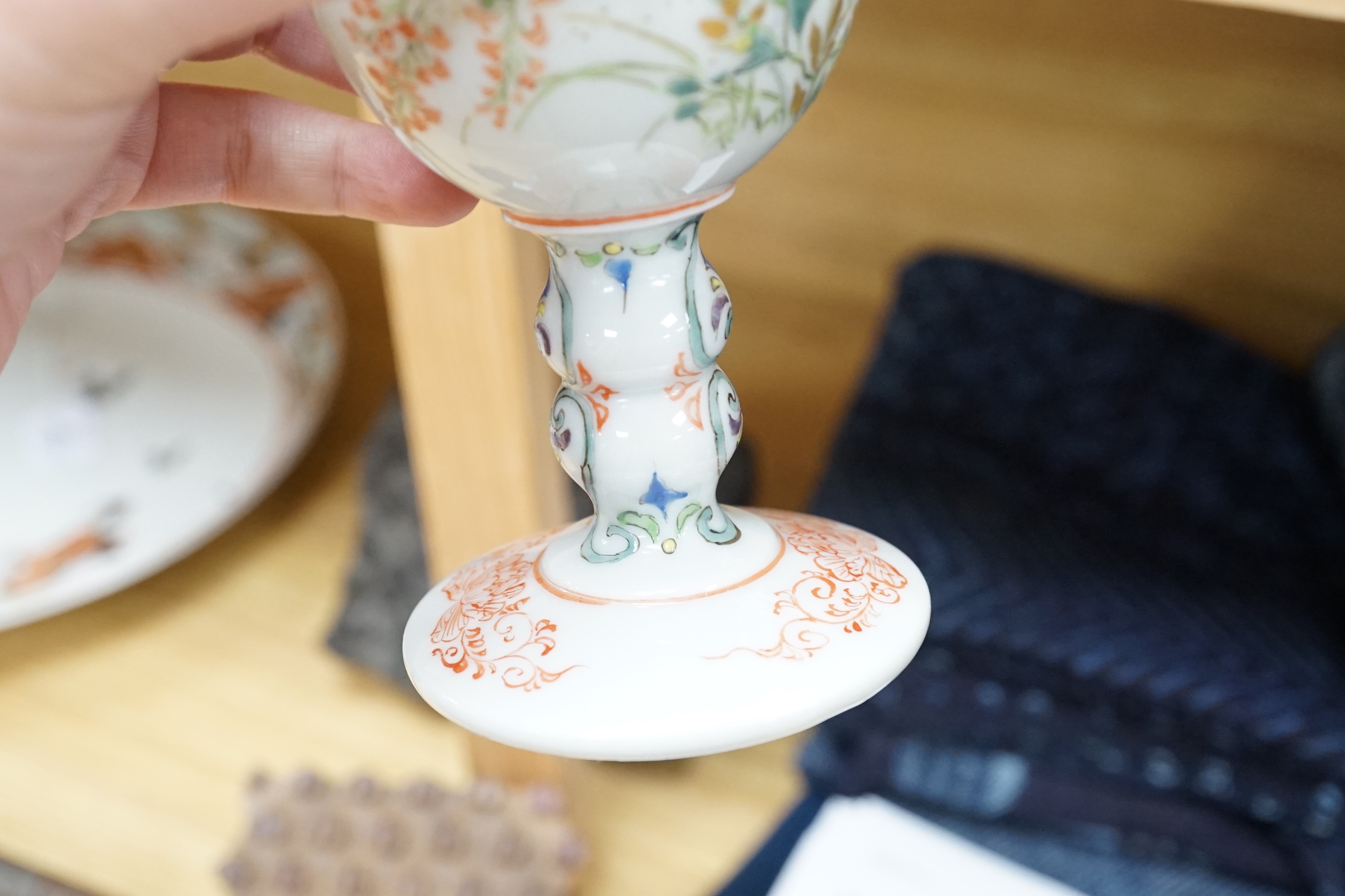 An unusual Japanese porcelain goblet and an 18th century Chinese export blue and white plate